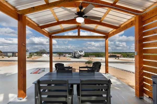 Gazebo with ceiling fan, lighting and patio table for four