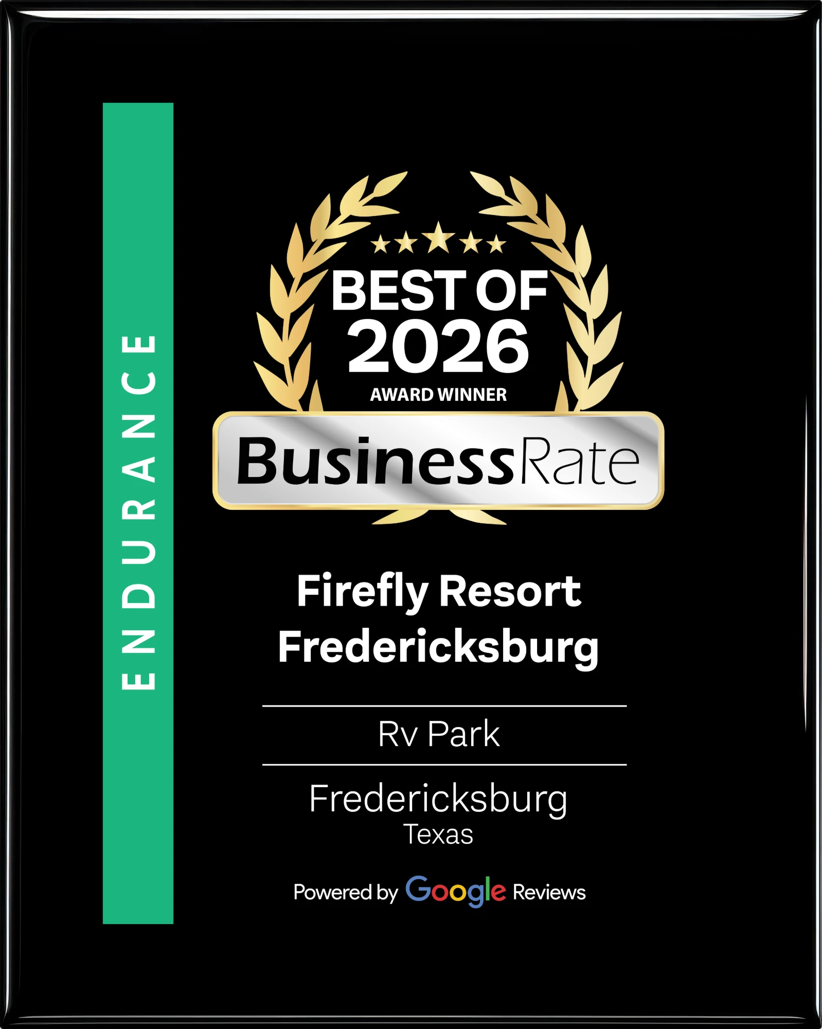 Best of 2026 Award Winner — BusinessRate — Firefly Resort Fredericksburg, RV Park, Fredericksburg, Texas, powered by Google Reviews